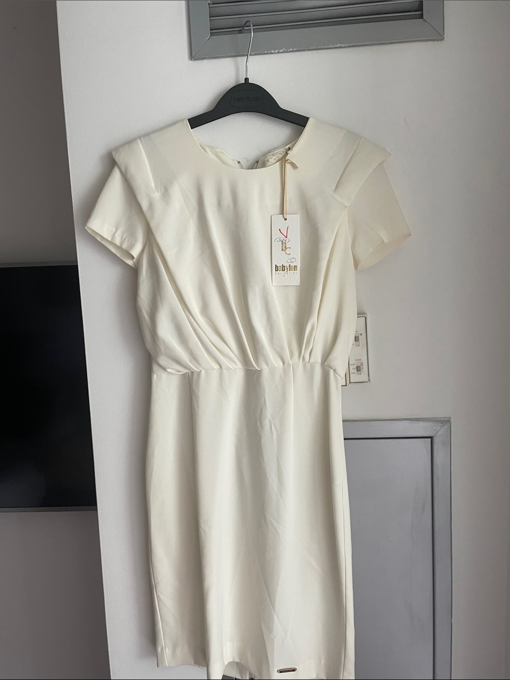 Cream Short-Sleeve Midi Dress with Waist Pleats